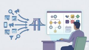 Схематичное изображение трафика, арбитража и партнерских программ, современный стиль, иллюстрация для блога.