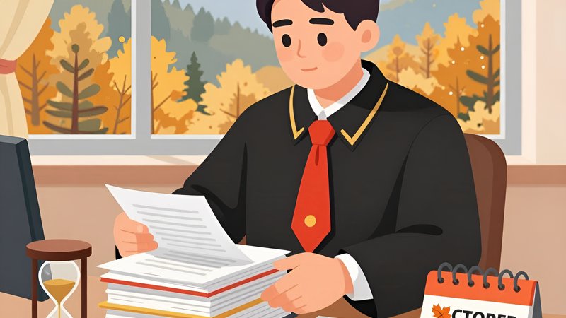 Судья изучает документы с песочными часами, иллюстрируя сроки рассмотрения исков о взыскании долгов